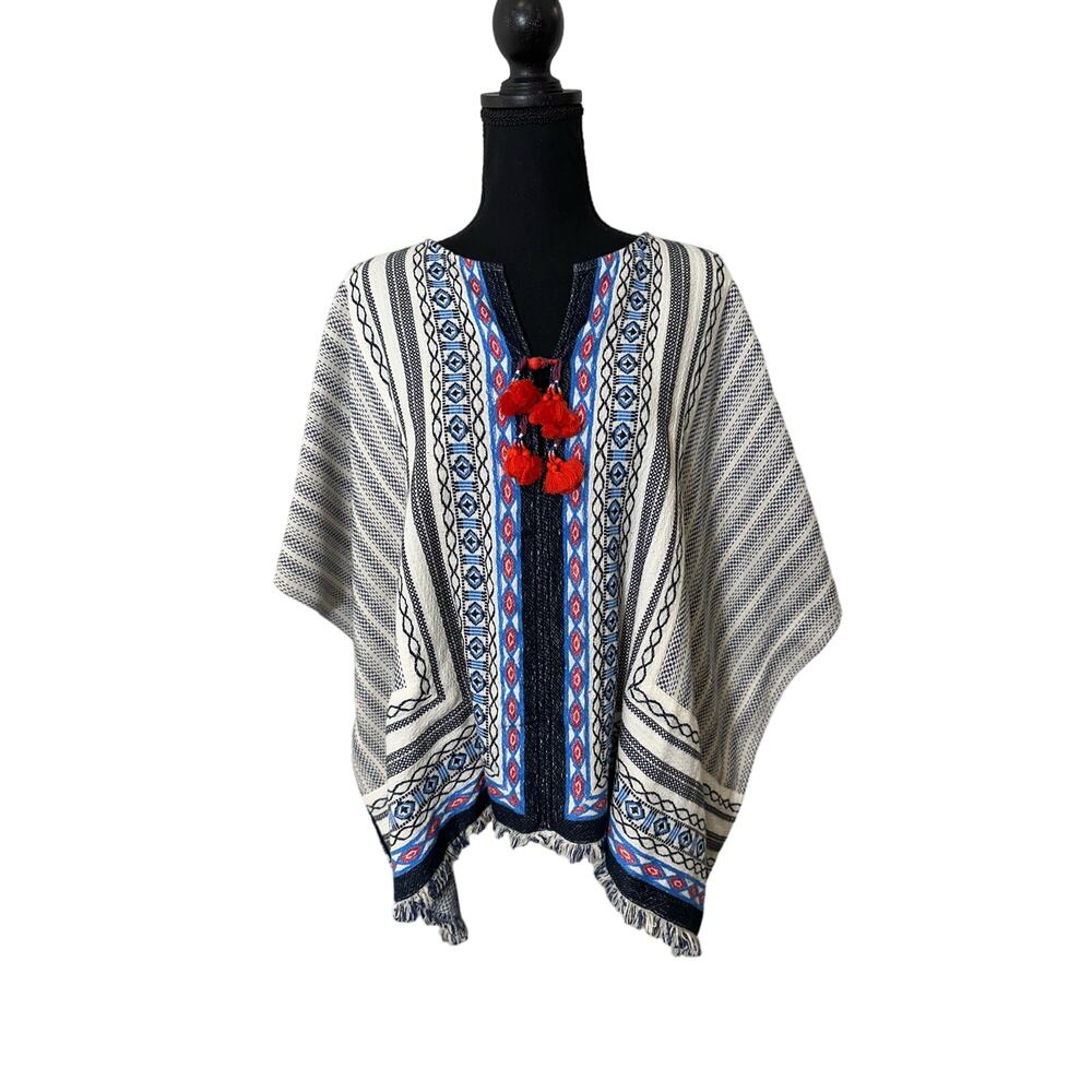 Tory Burch Blue White Blaire Embroidered Poncho Top Sz XS/S